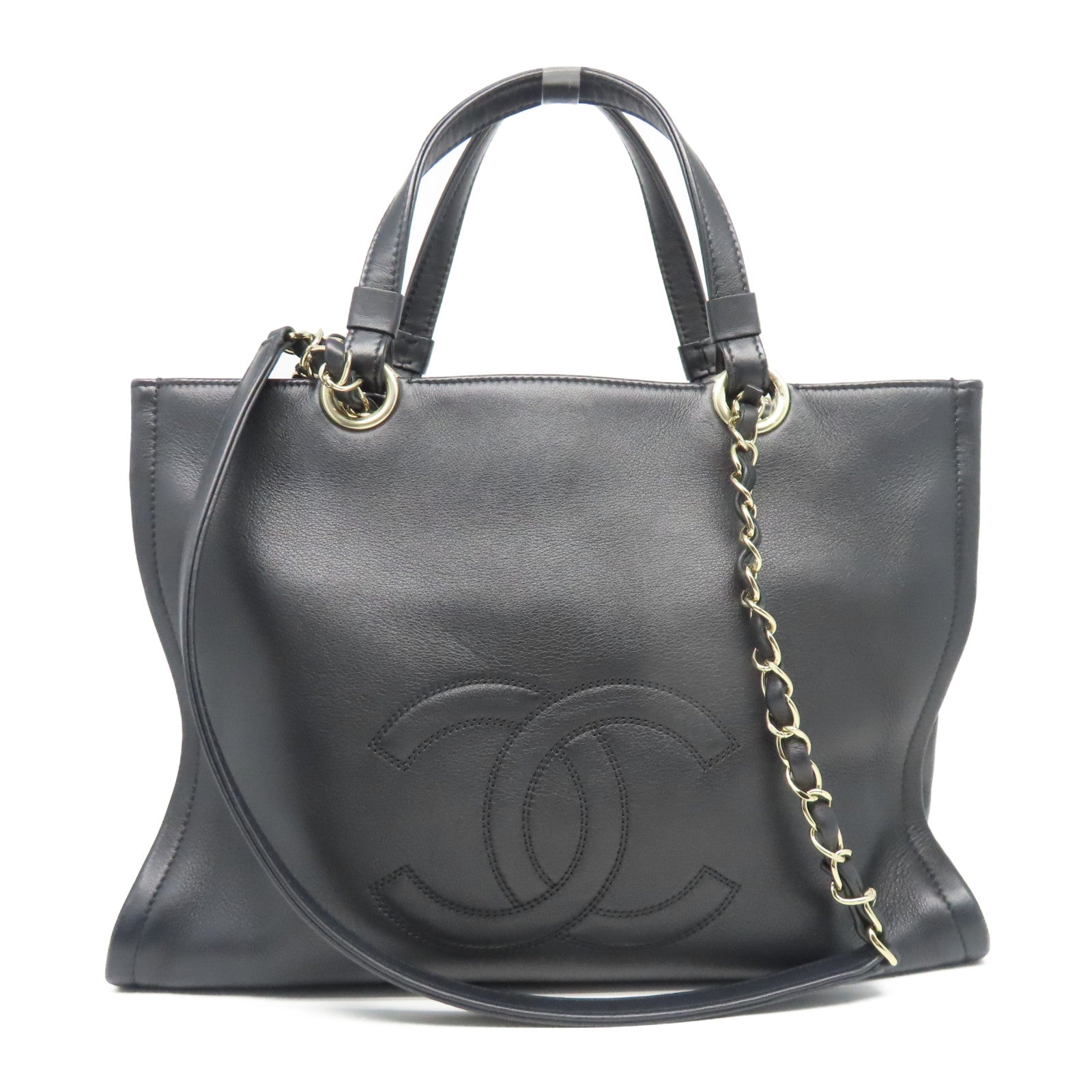 CHANEL 羊皮皮革Totebag金扣鏈帶手挽肩背兩用袋黑色