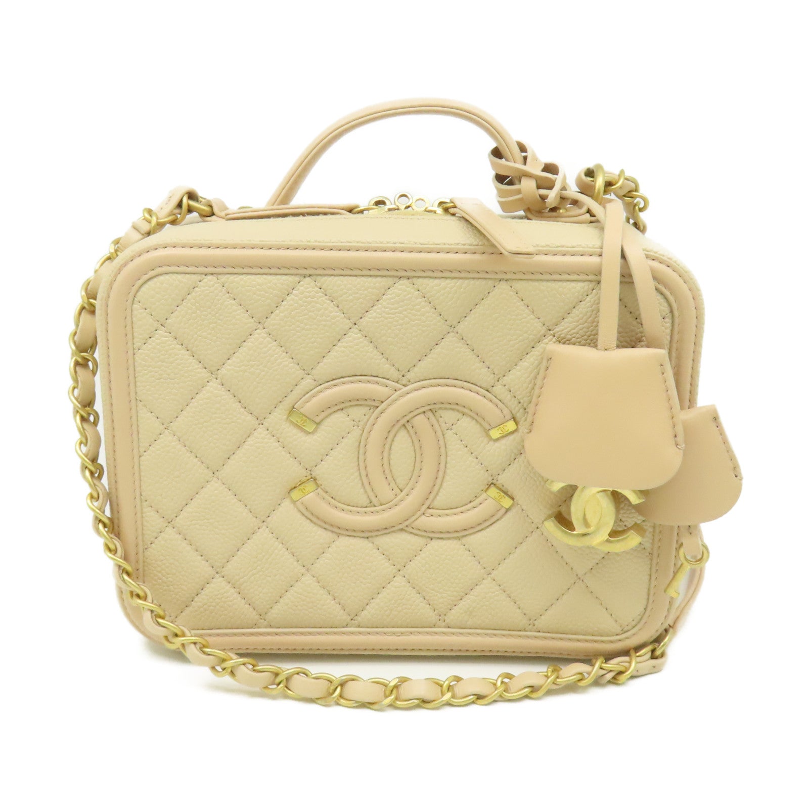 CHANEL 菱格Caviar皮革Medium Vanity Case 2Way Shoulder Bag金扣鏈帶手挽肩背兩用袋粉紅色