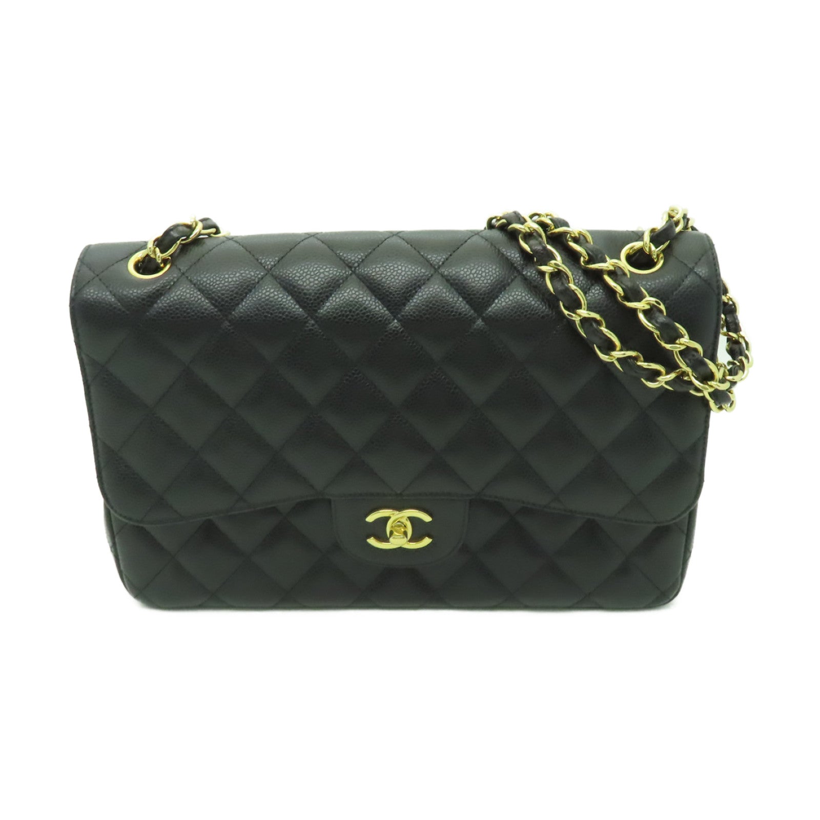 CHANEL 菱格Caviar皮革Classic Flap Jumbo金扣鏈帶肩背袋黒色