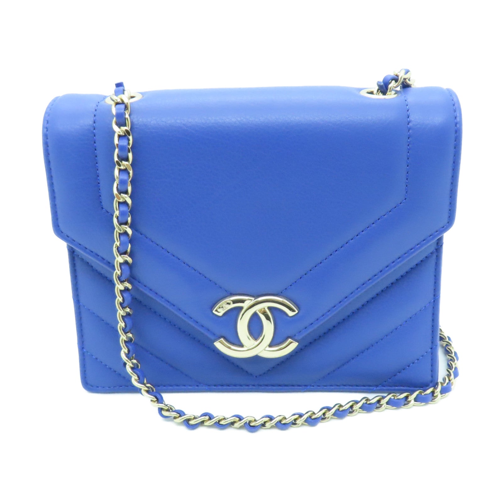 CHANEL 斜紋羊皮皮革Chain Shoulder Bag金扣鏈帶肩背袋藍色