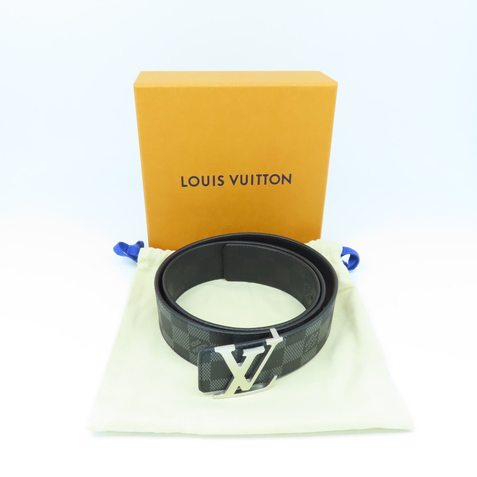 LOUIS VUITTON Damier Graphite Belt 85cm Silver Buckle Belt Black