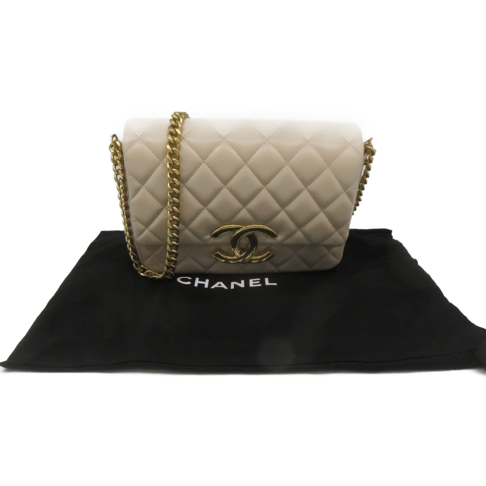 CHANEL 【激減優惠】菱格羊皮皮革Chain Shoulder Bag金扣鏈帶肩背袋杏色