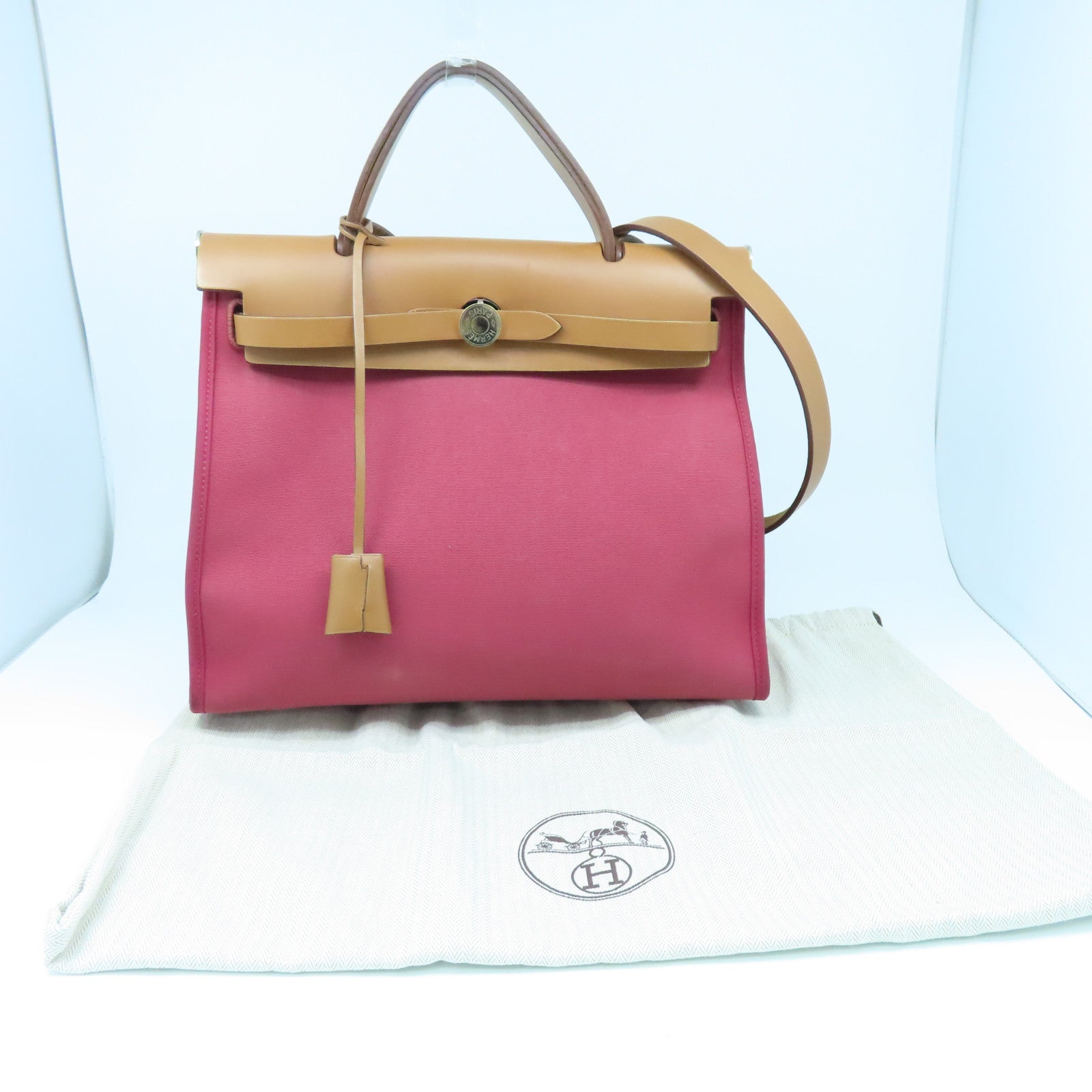 HERMES Canvas Herbag PM Silver Buckle Hand Shoulder Dual-purpose Bag Pink  Pink