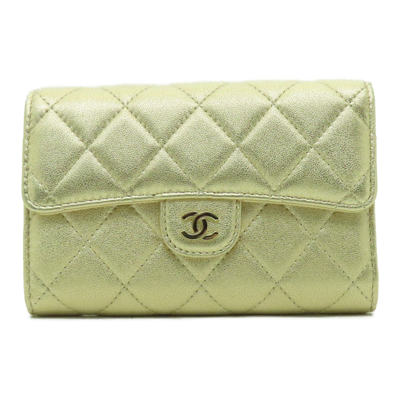 CHANEL 菱格羊皮皮革Classic Flap Wallet金扣長錢包金色