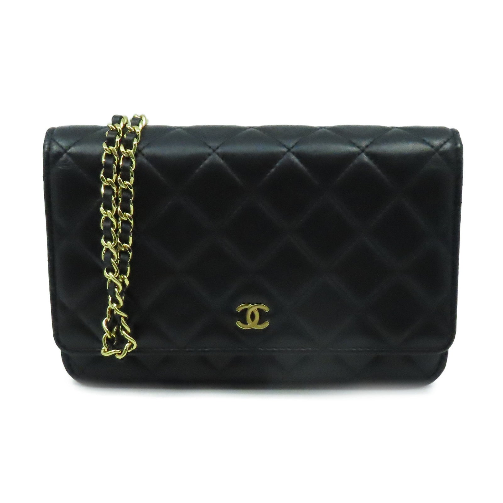 CHANEL 菱格羊皮皮革Wallet On Chain Shoulder Bag金扣鏈帶肩背袋黑色