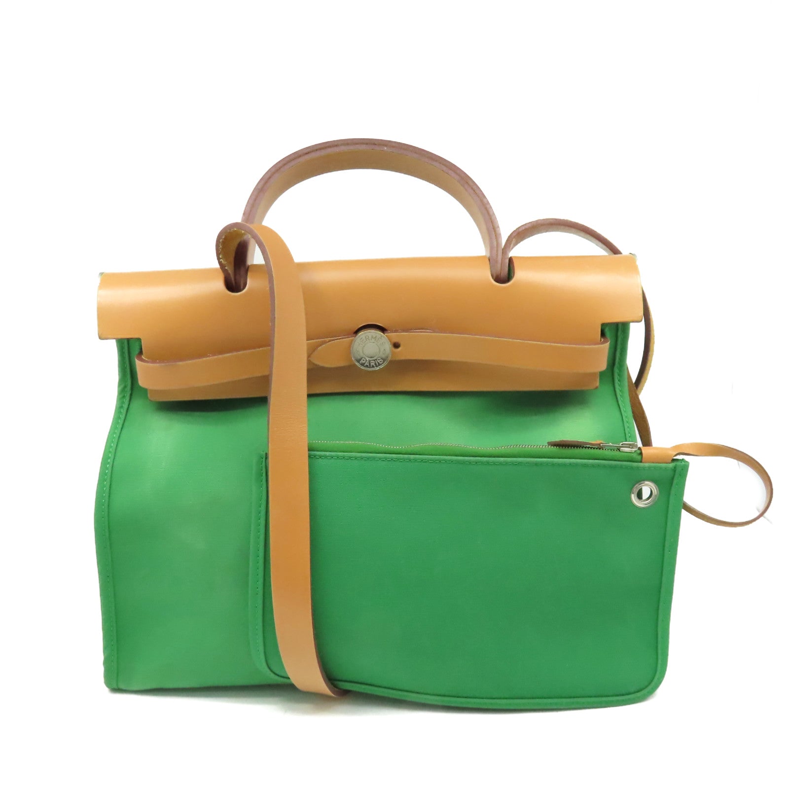 HERMES 帆布Herbag PM 2Way Shoulder Bag銀扣手挽肩背兩用袋Cactus鴨綠色