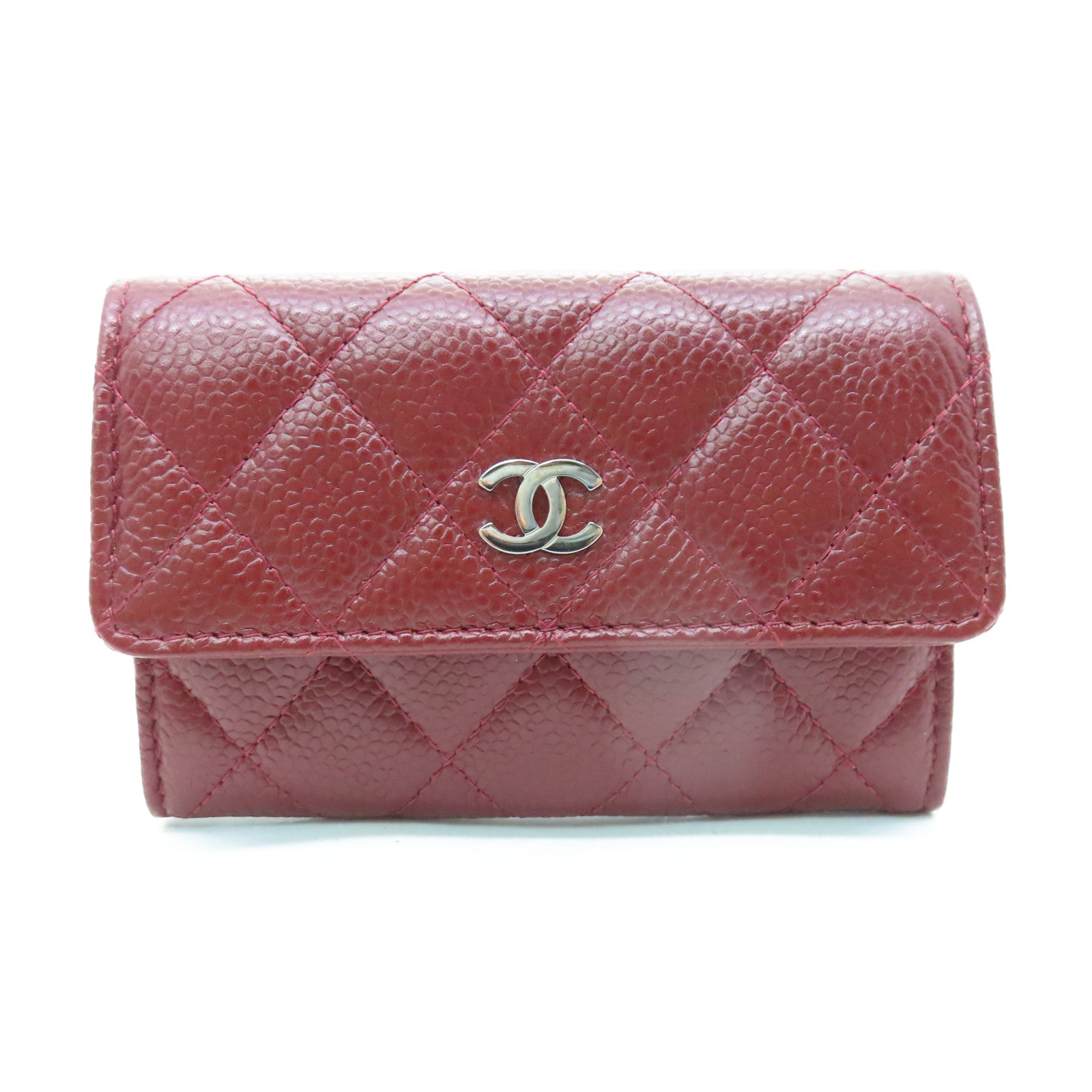 CHANEL 菱格Caviar皮革Card Case銀扣卡片套紅色