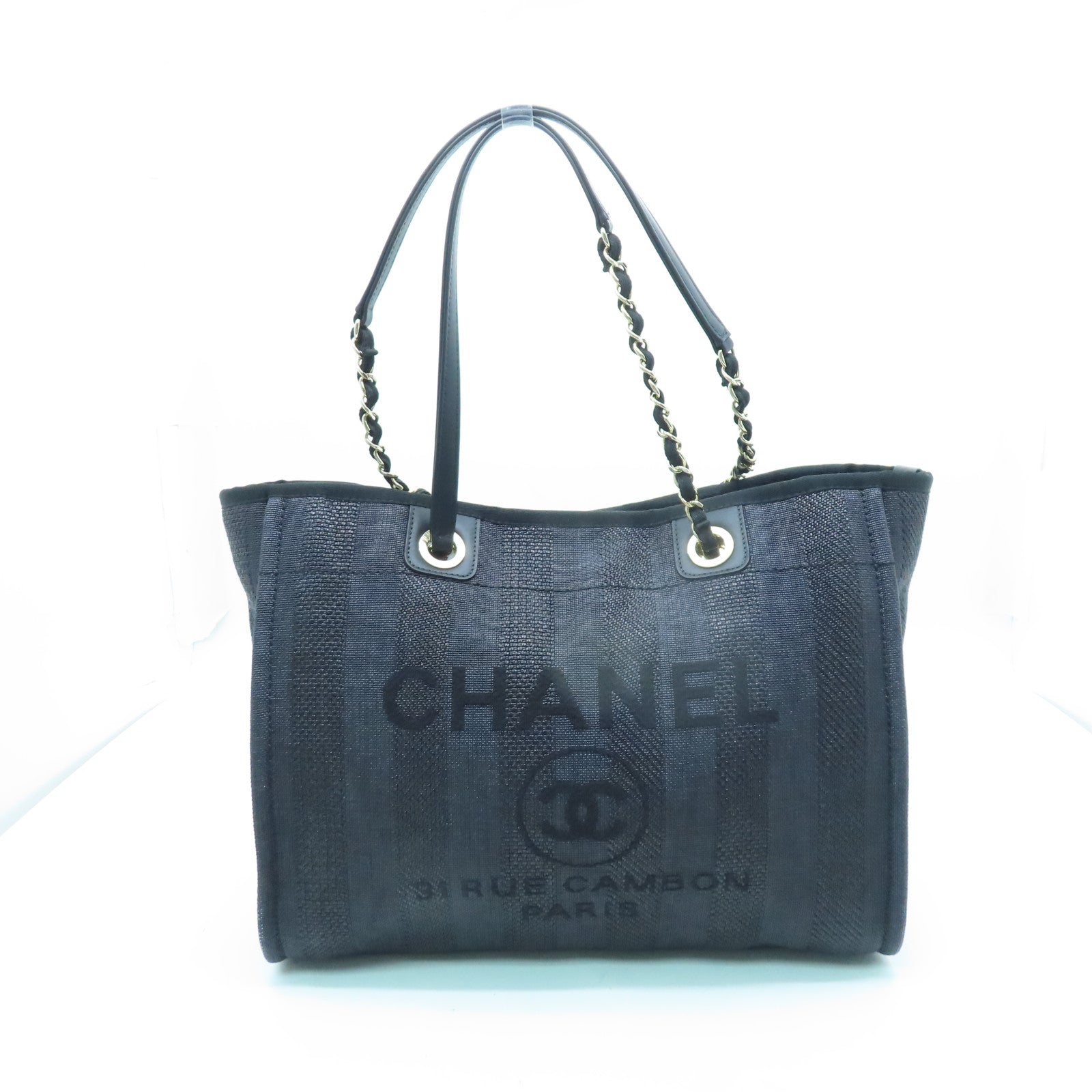 CHANEL 帆布Deauville Tote Bag金扣鏈帶肩背袋黑色