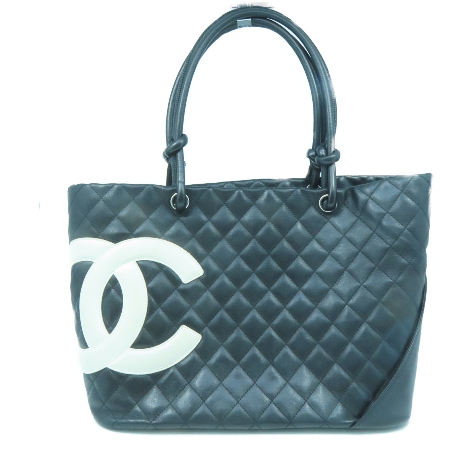 CHANEL 菱格牛皮皮革Cambon Totebag銀扣肩背袋黑色