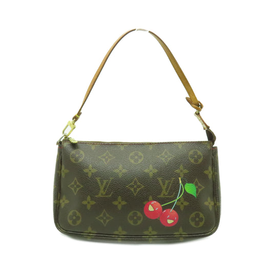 LOUIS VUITTON Monogram Pochette Accessories金扣手挽袋棕色