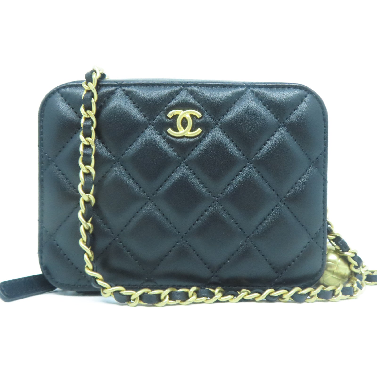 CHANEL 牛皮皮革Mini Vanity Coco Ball Chain Bag金扣鏈帶肩背袋黑色