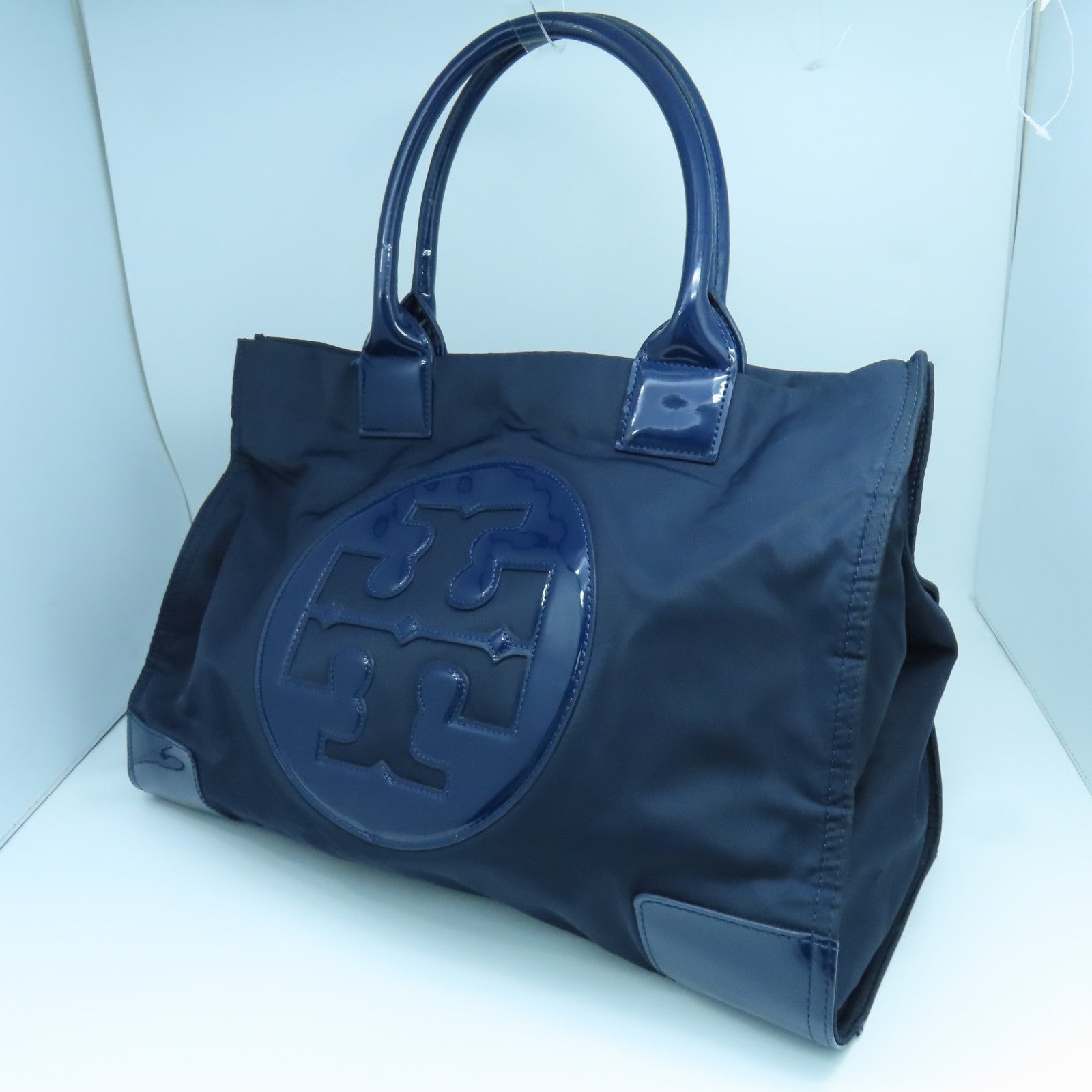 Tory Burch Nylon Tote Bag Gold Buckle Hand Bag Navy Blue